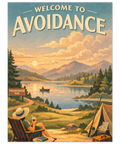 Vintage reseposter med texten Welcome to Avoidance, föreställande en person som vilar vid en sjö i solnedgången.