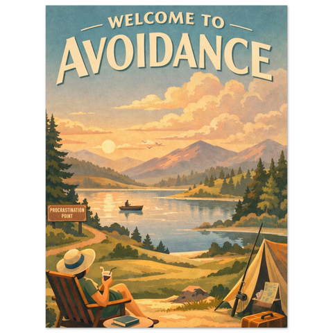 Vintage reseposter med texten Welcome to Avoidance, föreställande en person som vilar vid en sjö i solnedgången.