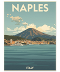 Grafisk illustration av Neapel med berget Vesuvius i bakgrunden, blått hav och antik text i mid-century stil.