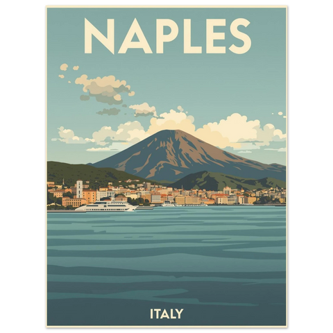 Grafisk illustration av Neapel med berget Vesuvius i bakgrunden, blått hav och antik text i mid-century stil.