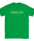 Greenland No Deal" texttryck i beige på grön t-shirt.