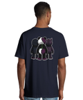 Tecknade leksaksdjur, en panda med exponerad hjärna, på mörkblå ekologisk oversized t-shirt.