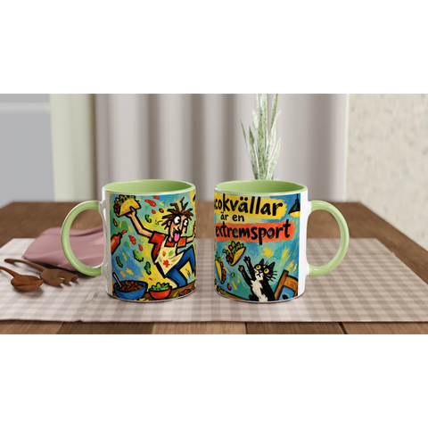 Mugg med texten Tacokvällar är en extremsport, tacos och en katt.