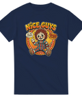Mörkt humoristiskt motiv med texten Nice Guys och Wanna Play på marinblå t-shirt