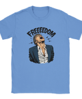 Pop-art man skriker "FREEEDOM" på ljusblå t-shirt.
