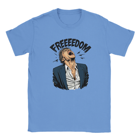 Pop-art man skriker "FREEEDOM" på ljusblå t-shirt.