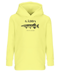 Grafiskt fiskmotiv med latinskt namn på gul sweatshirt med huva