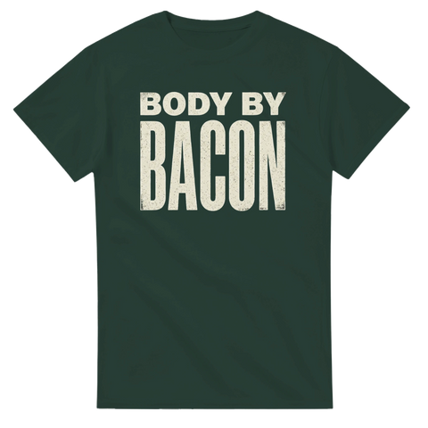 Grafiskt text-tryck Body by Bacon på mörkgrön t-shirt