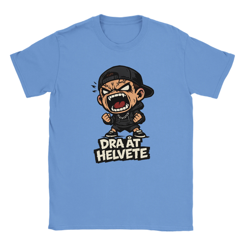 Stilren Ljusblå t-shirt med arg chibi-karaktär och texten Dra åt helvete