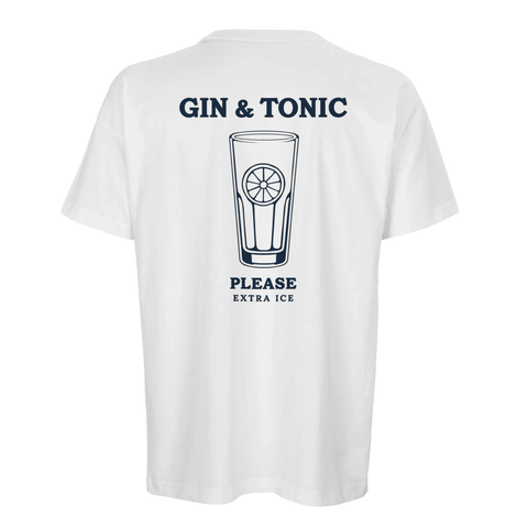 Vit oversized t-shirt med stilrent tryck av ett drinkglas på ryggen