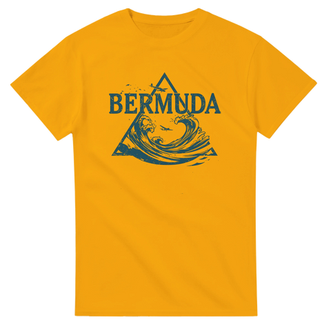 Vintage-inspirerat havsmotiv med texten Bermuda på en gul t-shirt
