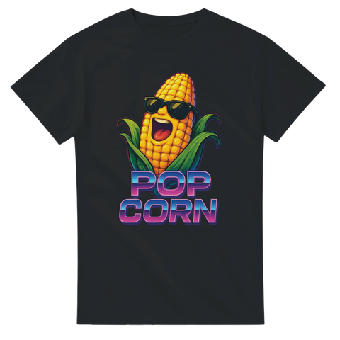 T-shirt med majskolv i solglasögon och texten "Pop Corn"

