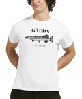 Vit t-shirt med ett svart tryck av en gädda med texten GÄDDA samt ESOC LUCIUS undertill.