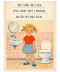Retro illustration av en flicka i röd tröja framför en toalett med texten Det här är Lisa.