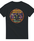 Färgglad spökhus-design med texten Spooky Kids Toys på svart t-shirt