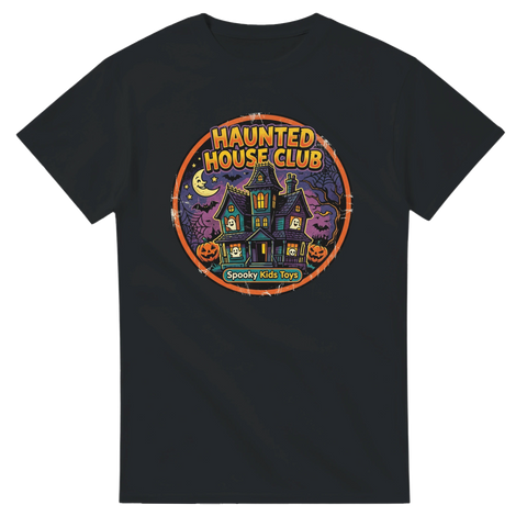 Färgglad spökhus-design med texten Spooky Kids Toys på svart t-shirt