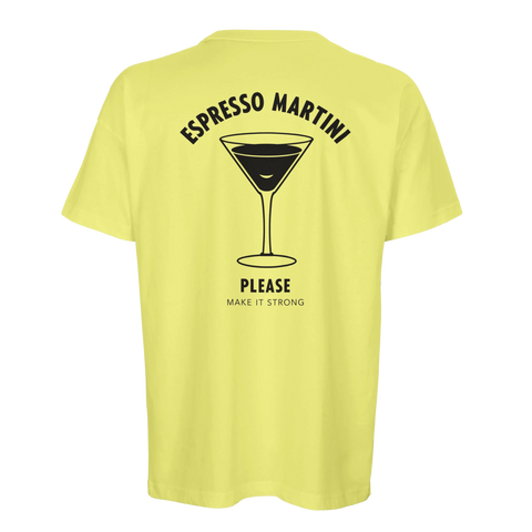 Stilren cocktail t-shirt med motivet Espresso Martini Please på gul bakgrund