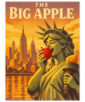 Retro poster med Frihetsgudinnan som tar en tugga av ett rött äpple framför New Yorks skyline i gult och orange.