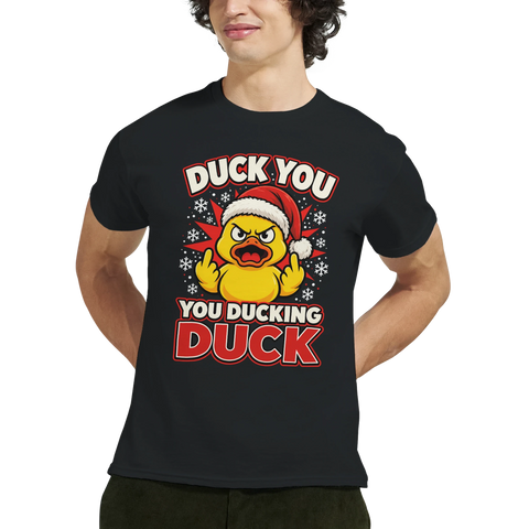 Man bär en heavyweight t-shirt med satirisk anka i julig stil