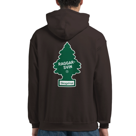 Raggarsvin Skogsfrisk" doftgransmotiv på mörkbrun hoodie.