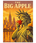 Närbild på en illustrerad New York poster med texten The Big Apple och varma färgtoner i vintagestil.