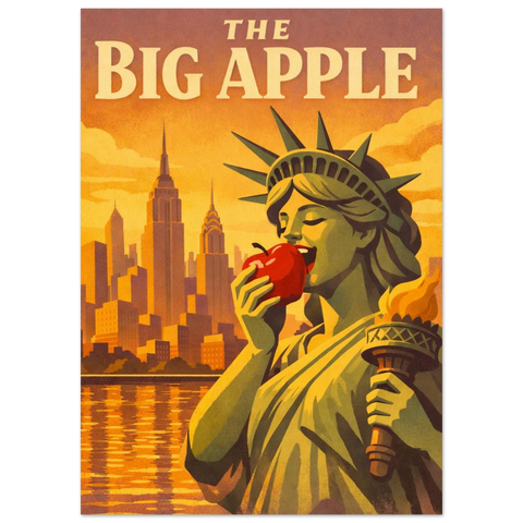 Närbild på en illustrerad New York poster med texten The Big Apple och varma färgtoner i vintagestil.