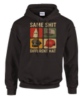 Mörkbrun hoodie med spetsig politisk satir och grafiskt motiv