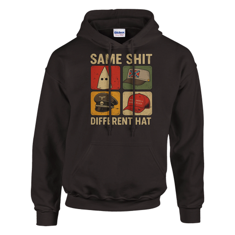 Mörkbrun hoodie med spetsig politisk satir och grafiskt motiv