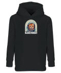 Svart barnhoodie med grafiskt tryck av en orange katt i rymdhjälm