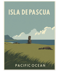 Närbild på en grafisk poster föreställande Påskön med texten Pacific Ocean och en siluett av en stenstaty.