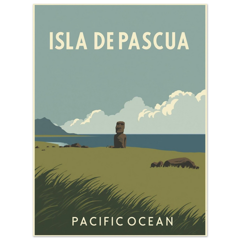Närbild på en grafisk poster föreställande Påskön med texten Pacific Ocean och en siluett av en stenstaty.