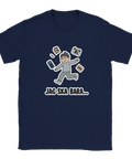 Mörkblå t-shirt med lekfullt motiv av en man som jonglerar vardagskaos