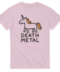 Rosa t-shirt med tecknad enhörning och texten "DEATH METAL"