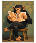 Schimpans läser tidning på pall mot art déco-tapet – rolig retroillustration poster