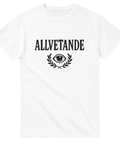 T-shirt med texten "Allvetande" och ett öga i lagerkrans

