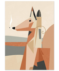 Geometrisk illustration av en räv med cigarett i munnen, skapad av bruna, beige och grå färgblock mot ljus bakgrund.
