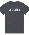 Vikingatryck med texten Vi drar till Valhalla på gråmelerad t-shirt