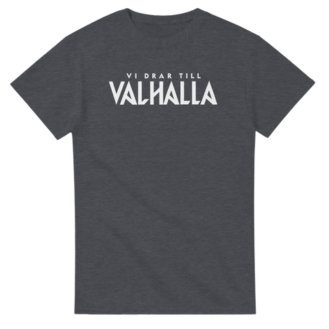 Vikingatryck med texten Vi drar till Valhalla på gråmelerad t-shirt
