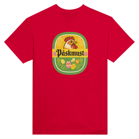 Nostalgiskt grafiskt tryck av traditionell påskmust på röd t-shirt