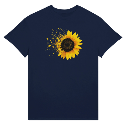 Detaljrik solros-illustration med gult färgstänk – modern t-shirt design