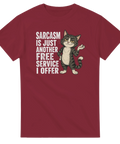 Rolig t-shirt med kaxig katt och citat på vinröd bakgrund