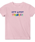 Lekfull illustration av bokstavsmonster på en rosa baby t-shirt