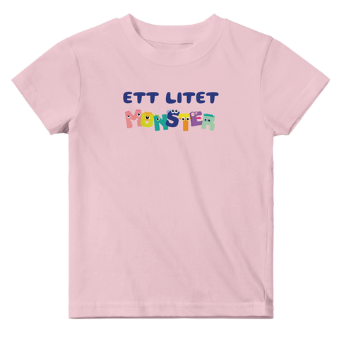 Lekfull illustration av bokstavsmonster på en rosa baby t-shirt