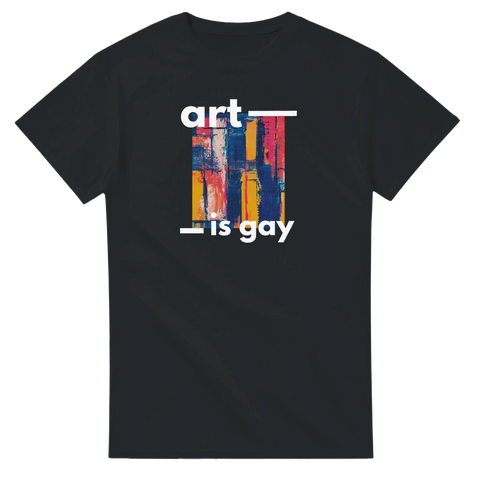 T-shirt med texten Art Is Gay och färgstarkt konstmotiv