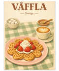 Närbild på en vintageposter föreställande svensk fika med våfflor, sockerbitar och en latte på ett cafébord.