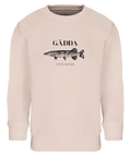 Beige sweatshirt med minimalistisk illustration av fisken Esox Lucius