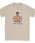 Tecknad muskulös man med korslagda armar och text "STOPP MIN KROPP" på beige t-shirt.