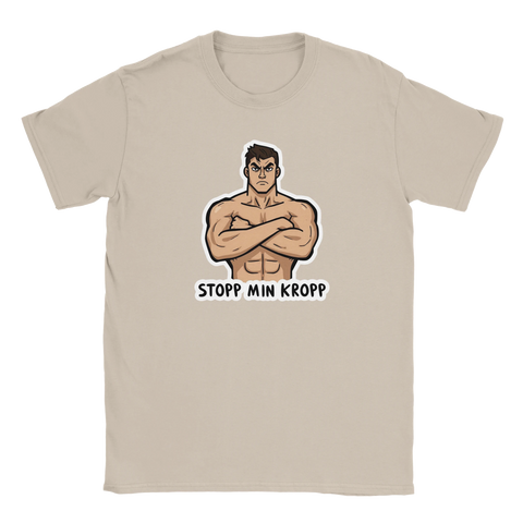 Tecknad muskulös man med korslagda armar och text "STOPP MIN KROPP" på beige t-shirt.