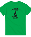 Svart cyklist med spiral i huvudet och text "CYKLA PSYKISKT" på grön t-shirt.