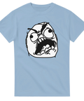 Vredgad Rage Guy karaktär som skriker på en ljusblå t-shirt